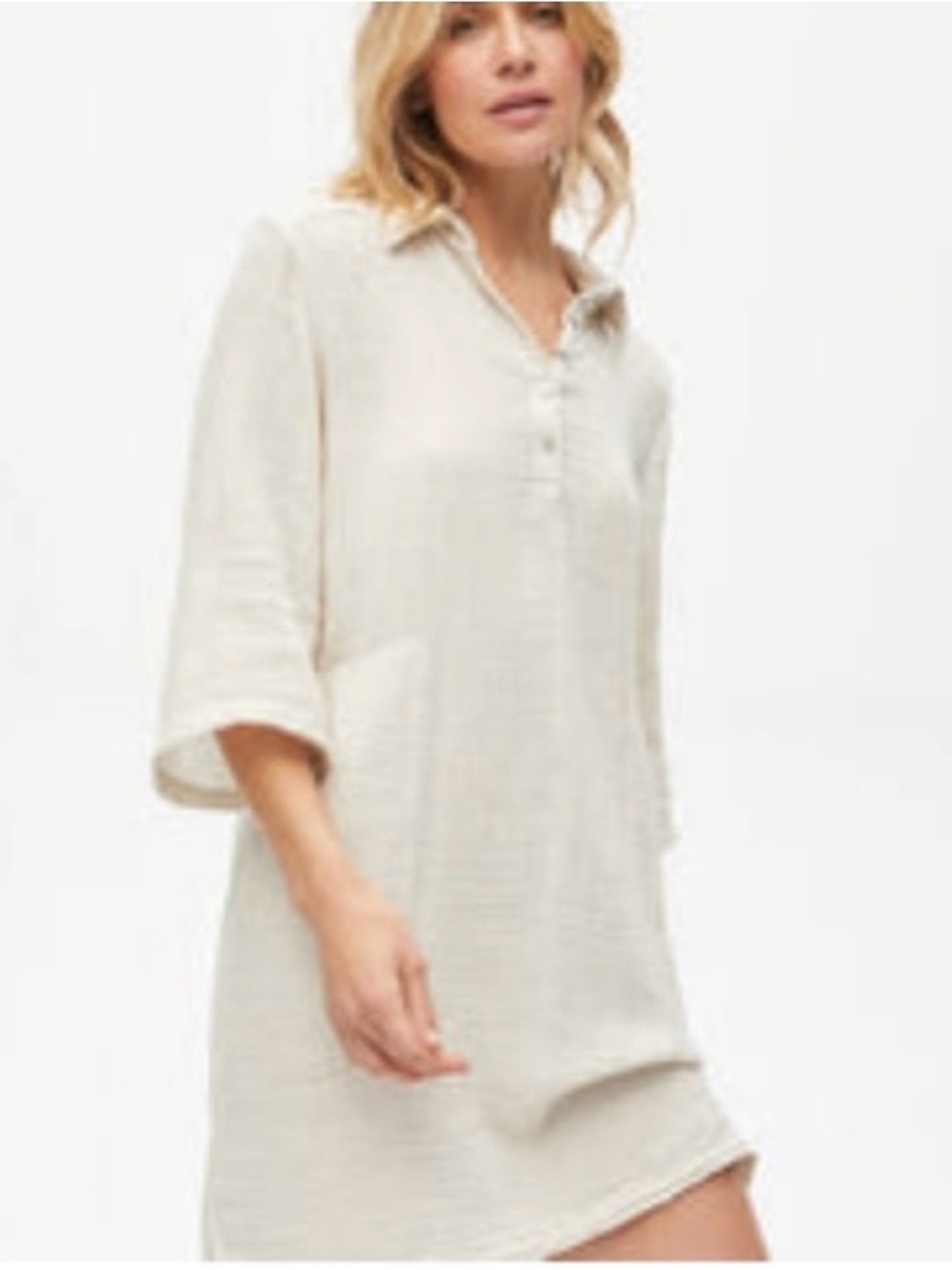 Michael Stars Cecily Small White Cotton Gauze Crinkle Shirt Dress Pockets